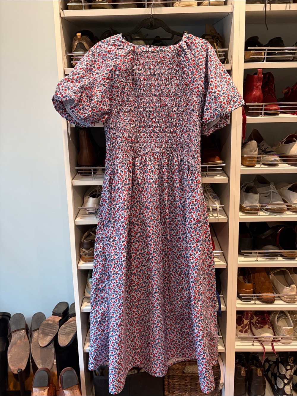 J. Crew White Maxi Dress with Red & Blue Floral Print